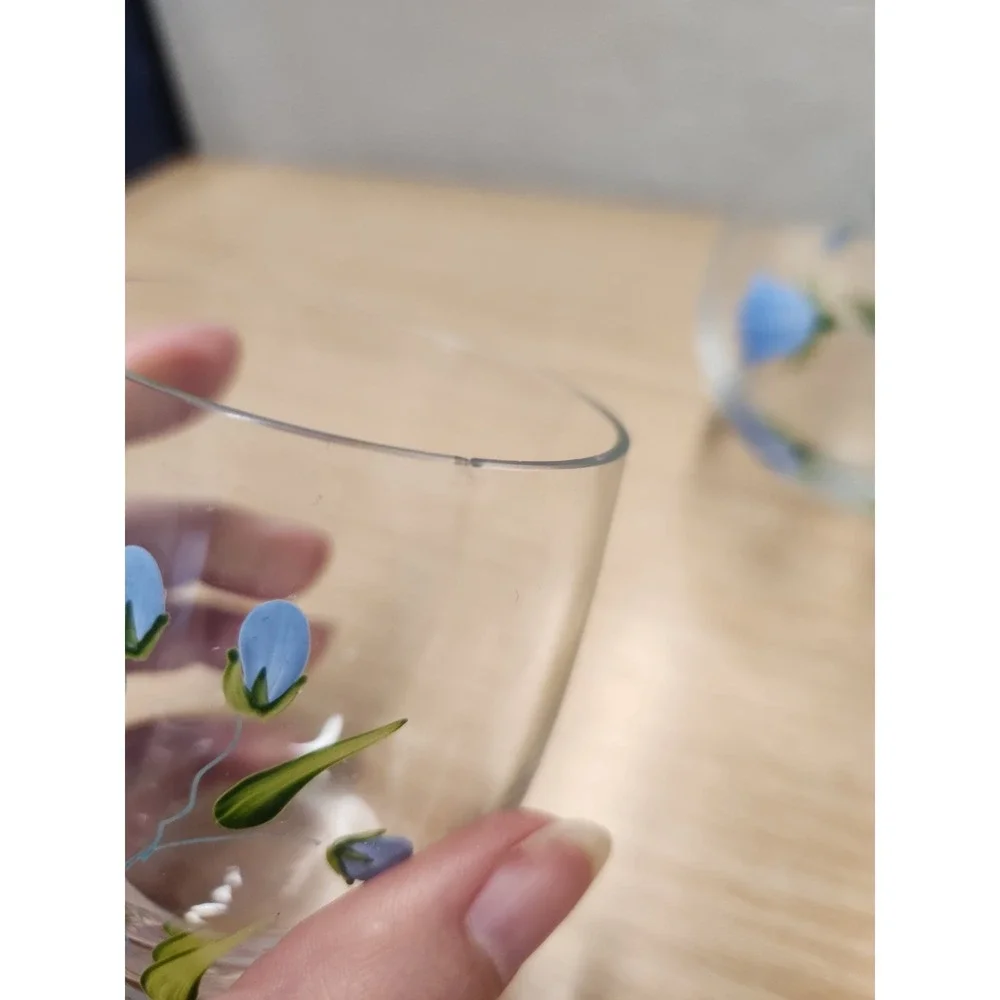 Hand Painted Blue Floral Clear Glass Tumble Up Bedside Water Carafe Made Hungary